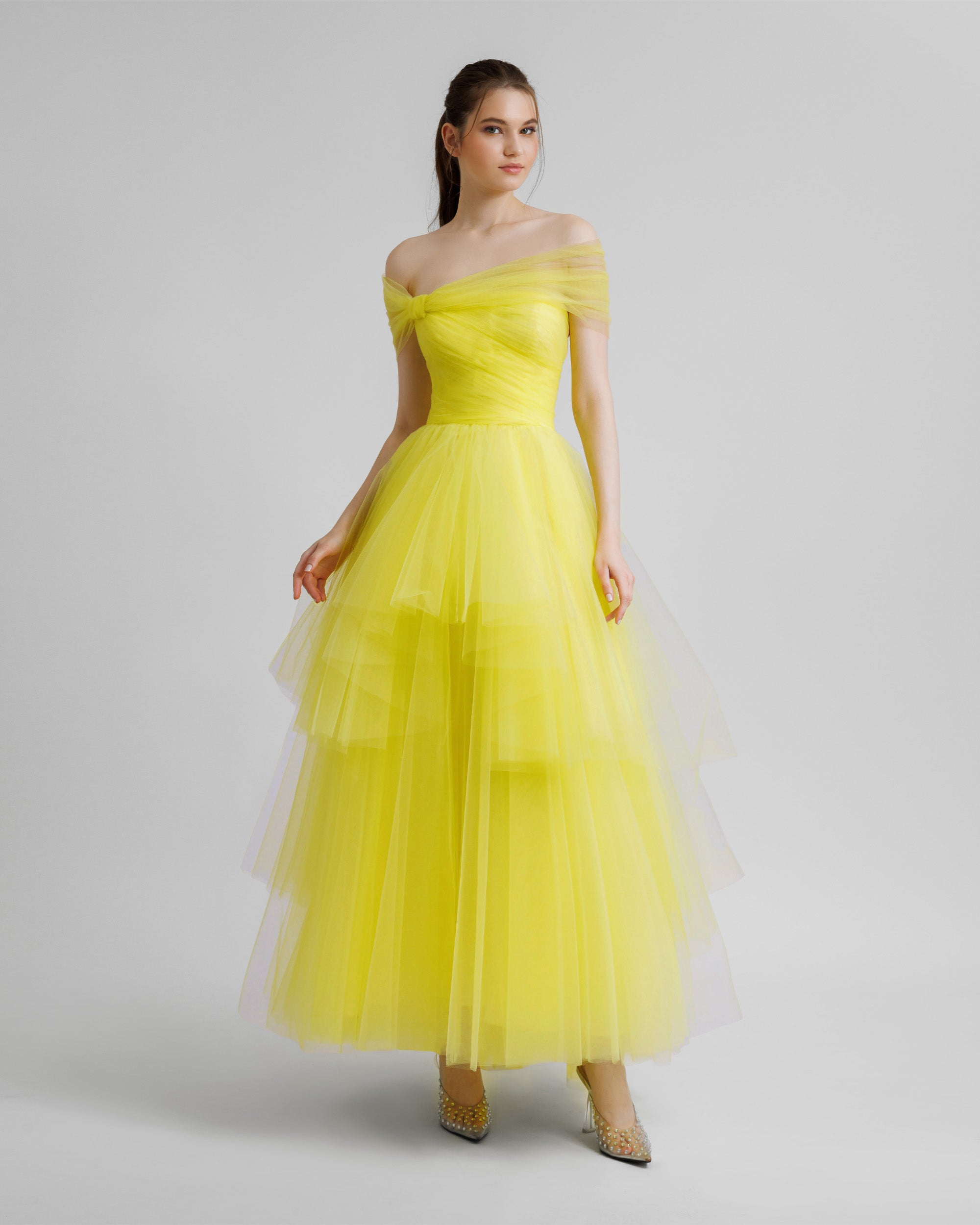 Evening Dresses | Asymmetrical Tulle Yellow Dress - Gemy Maalouf