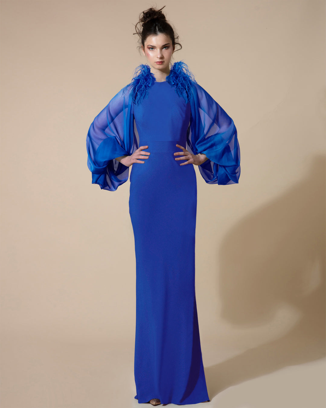 A long fitted evening dress in blue color with see-through raglan sleeves and feather embellishments on the shoulders.