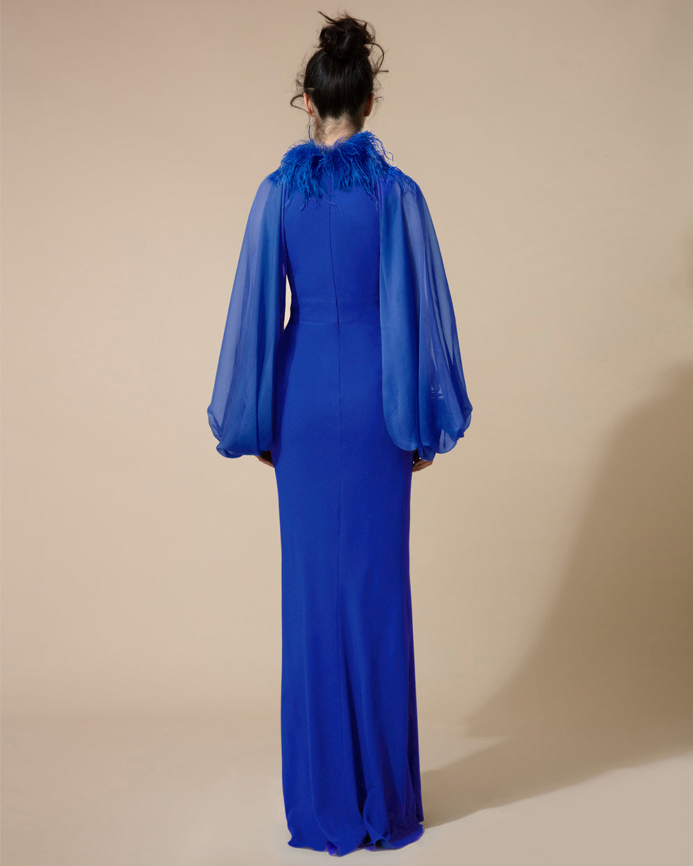 The back of a long fitted evening dress in blue color with see-through raglan sleeves and feather embellishments on the neckline.