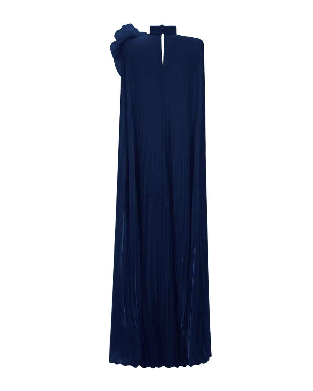 The back of a fully pleated lame organza flared navy kaftan dress.