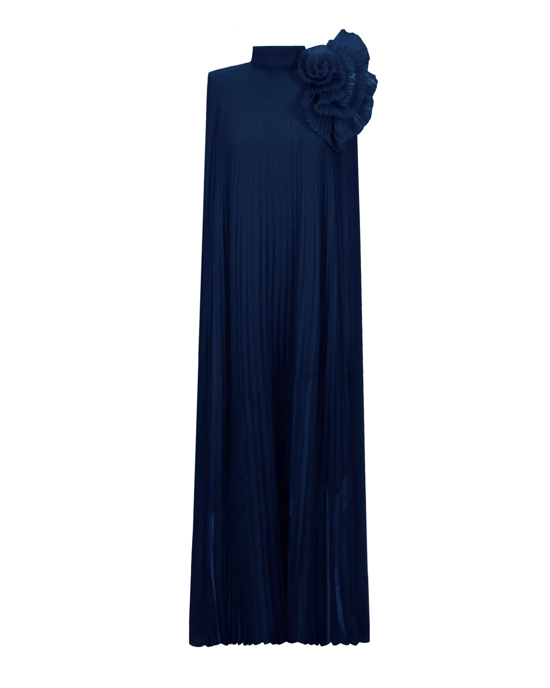 A fully pleated lame organza flared navy kaftan dress with an embellished draped flower on the shoulder.