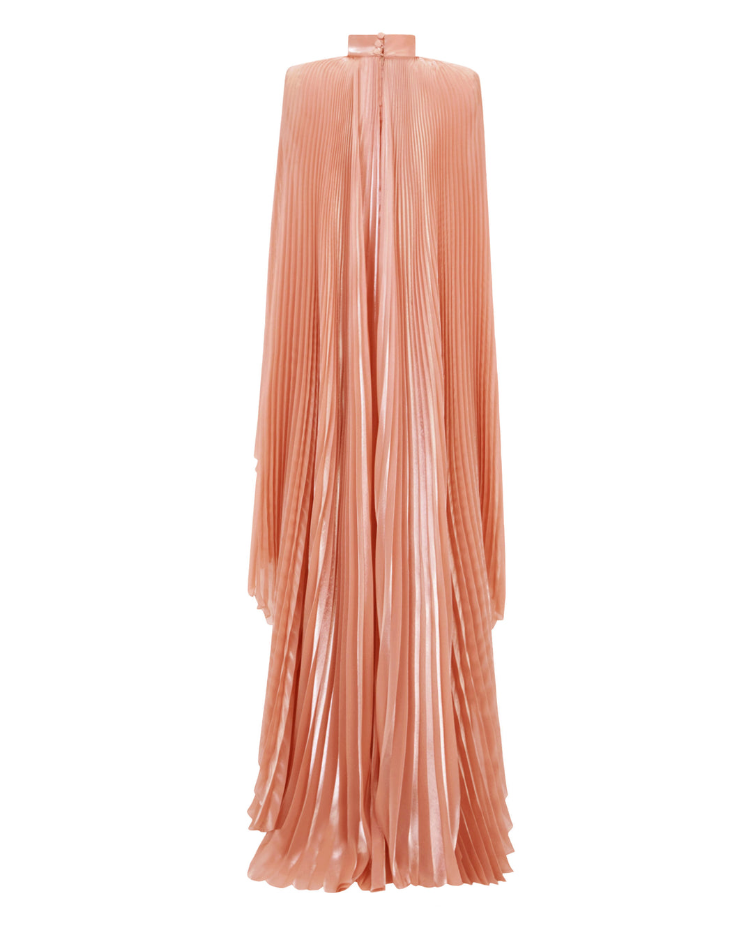 The back of a fully pleated soft lame organza flared dress with cape-like sleeves.