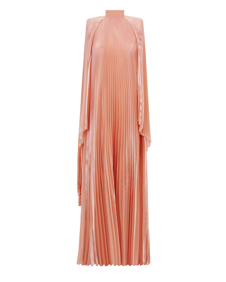 A fully pleated soft lame organza flared dress with cape-like sleeves.