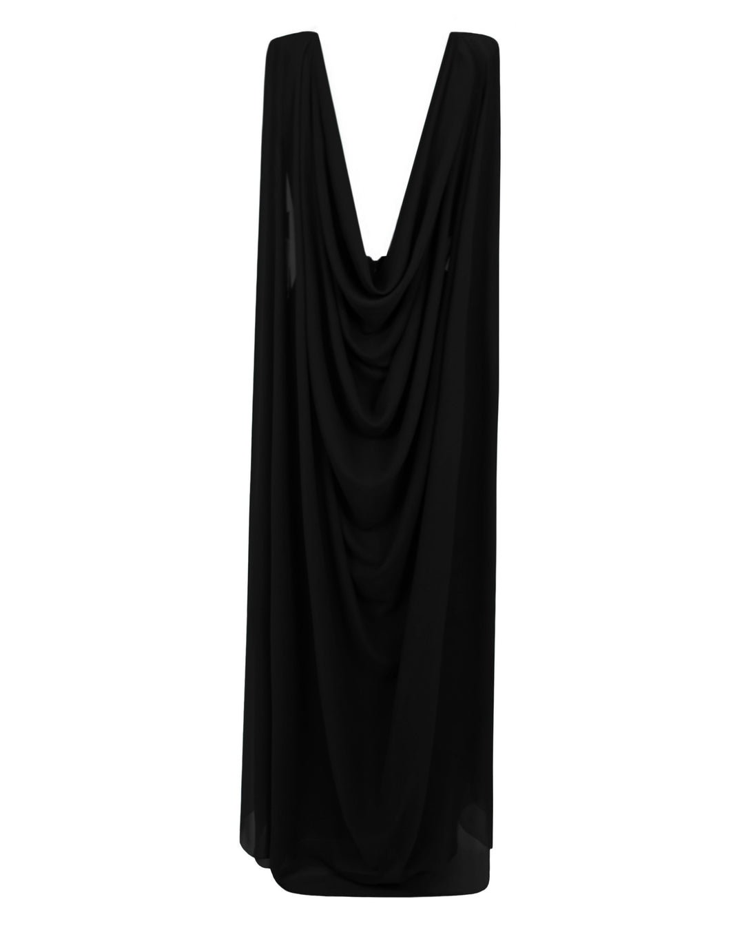 The back of an open-back black evening dress with a chiffon cape-like sleeves.