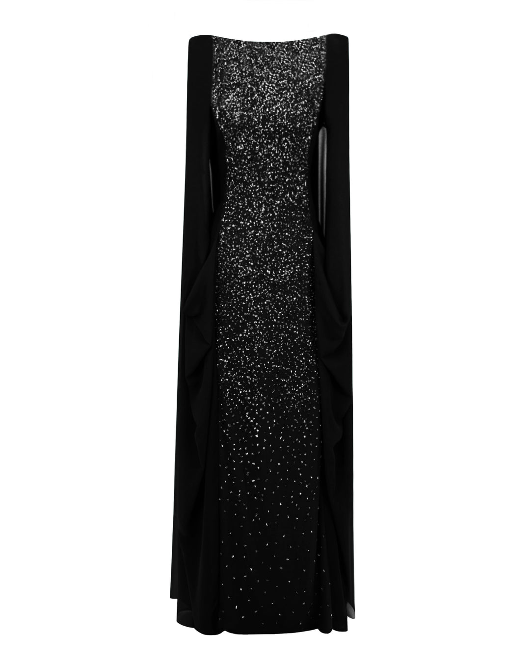 A fully beaded long straight-cut black evening dress with a chiffon cape like sleeves.