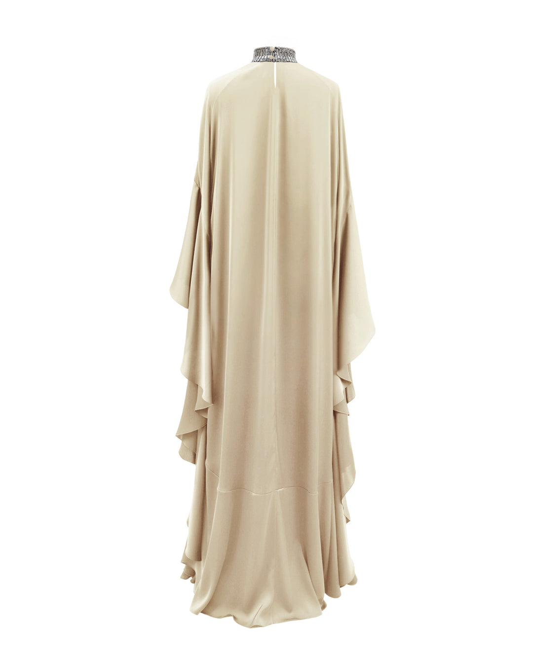 The back of a kaftan-style evening dress in cream color satin with a beaded collar and ruffled floor-length sleeves.