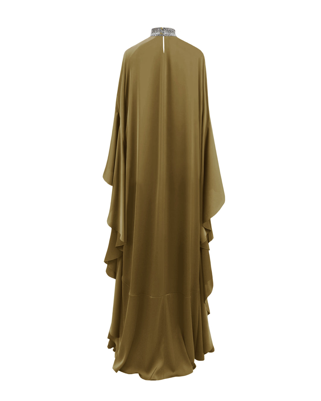 The back of a kaftan-style evening dress in olive green color with a beaded collar and ruffled floor-length sleeves.