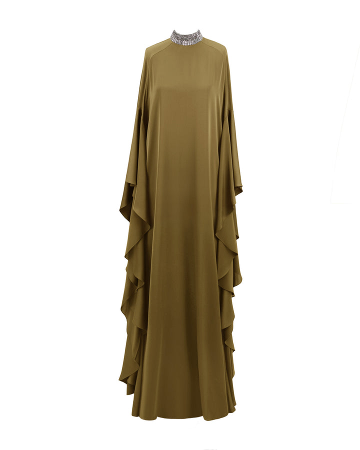 A kaftan-style evening dress in olive green color with a beaded collar and ruffled floor-length sleeves.