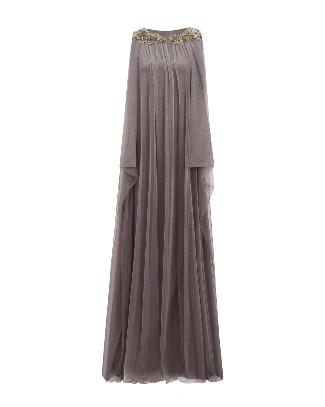 A loose-cut kaftan grey evening dress with beadings at the neckline and floor length cape like sleeves.