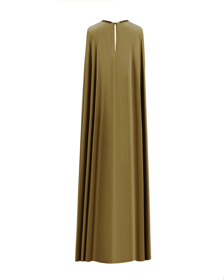 The back of a kaftan-style evening dress in olive green satin fabric.