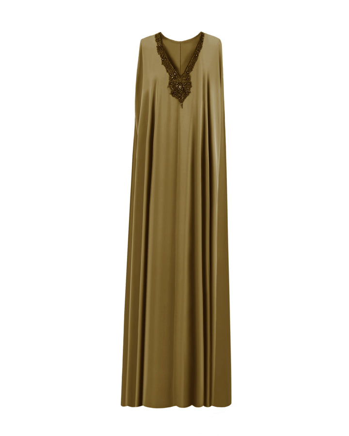 A kaftan-style evening dress in olive green satin fabric with a beaded V-neckline.