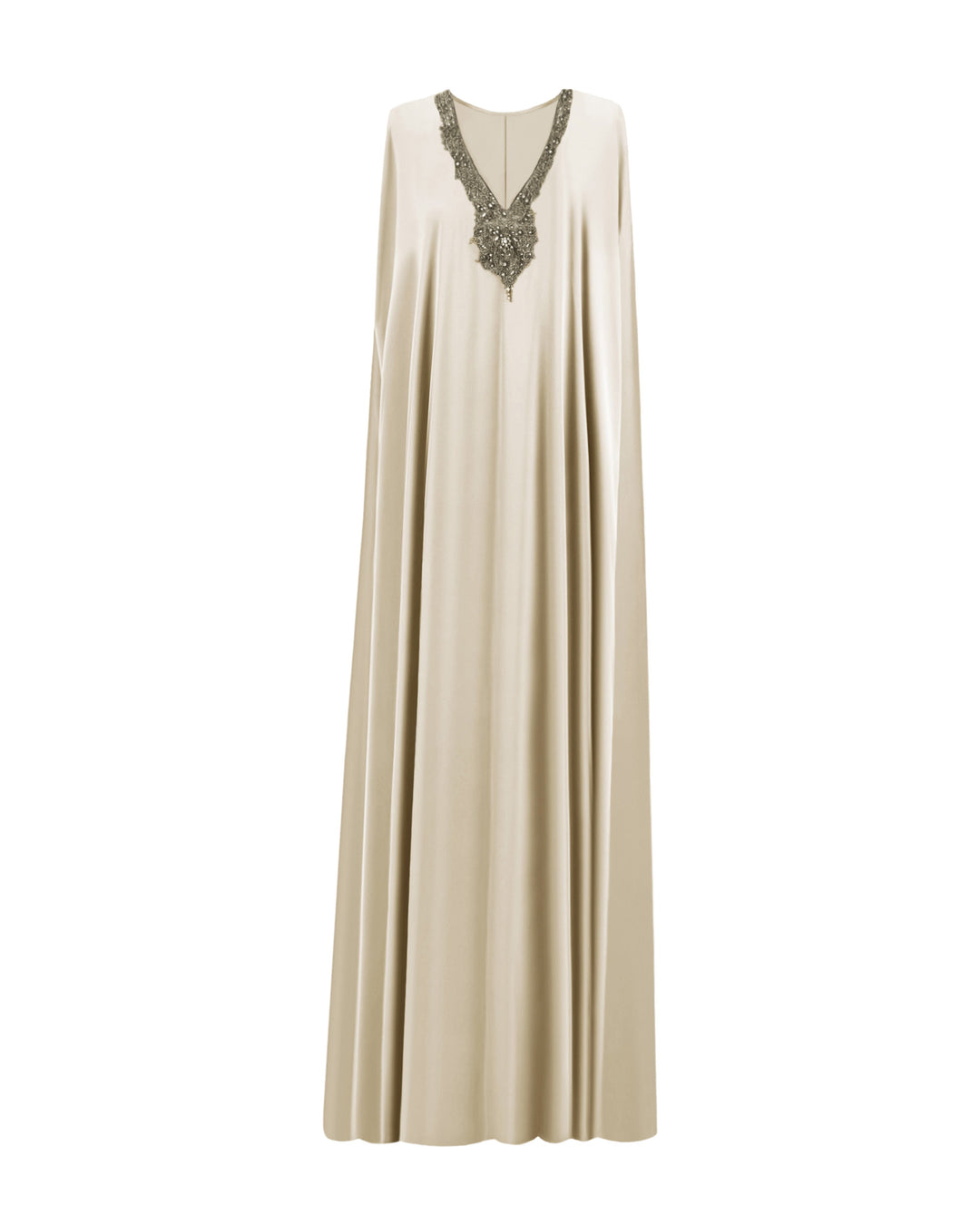 A cream color satin kaftan-style evening dress with a beaded V-neckline.