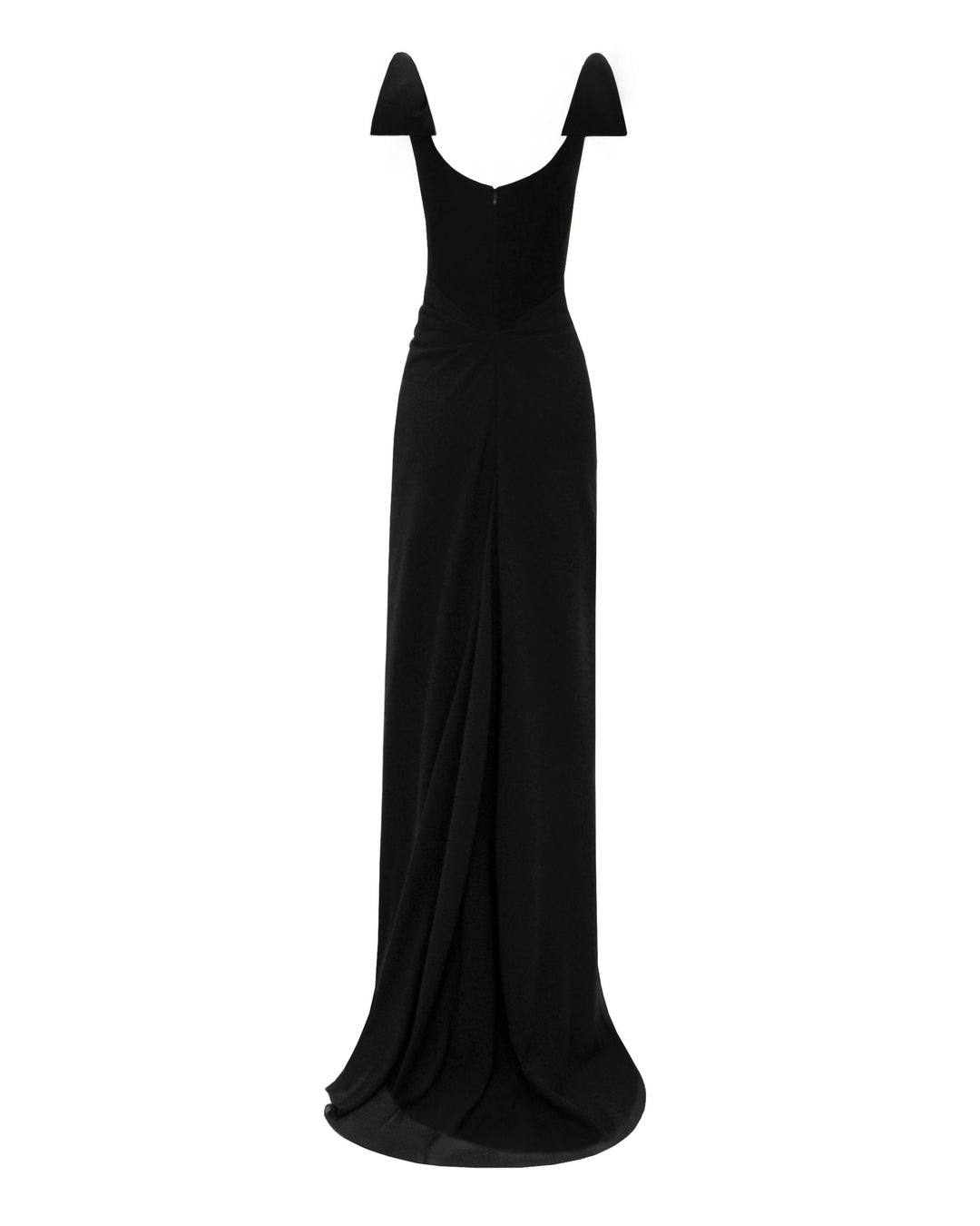 The back of a squared neckline corset long black evening dress with bow designs on the shoulders and draping details on the waist.