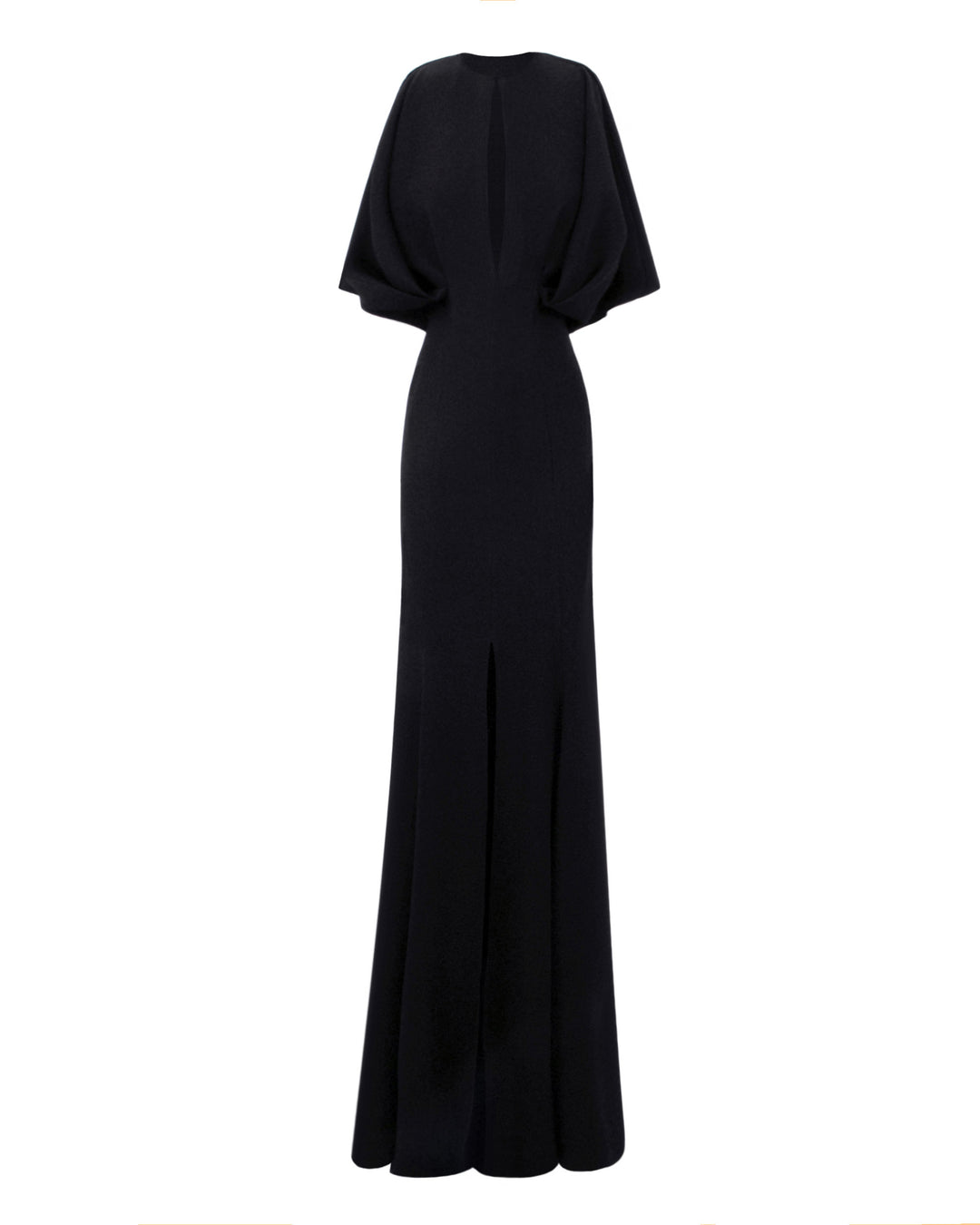 A slim-cut black evening dress with a front opening on the bust area and a middle slit, and wide cape-like sleeves.