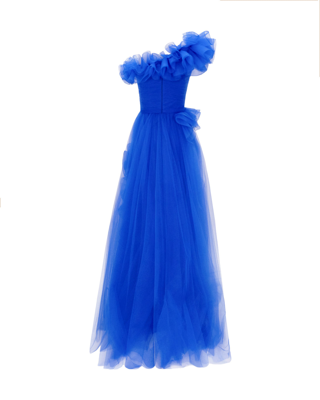 The back of a flared royal blue evening dress featuring an asymmetrical ruffled neckline, and ruffled embellishments on the skirt.