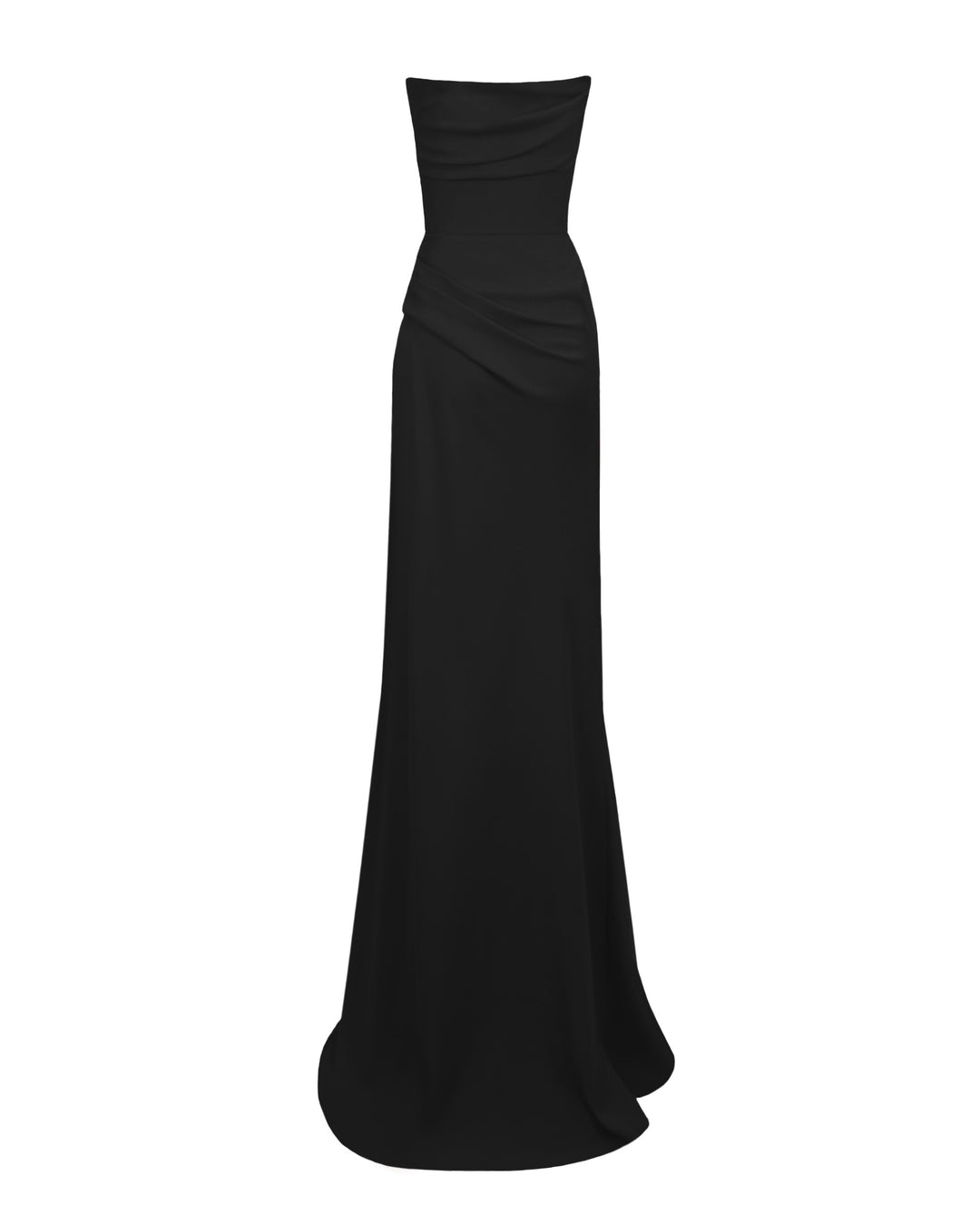 The back of a strapless, straight cut long black evening dress, with draping details from the bust going down the waist.