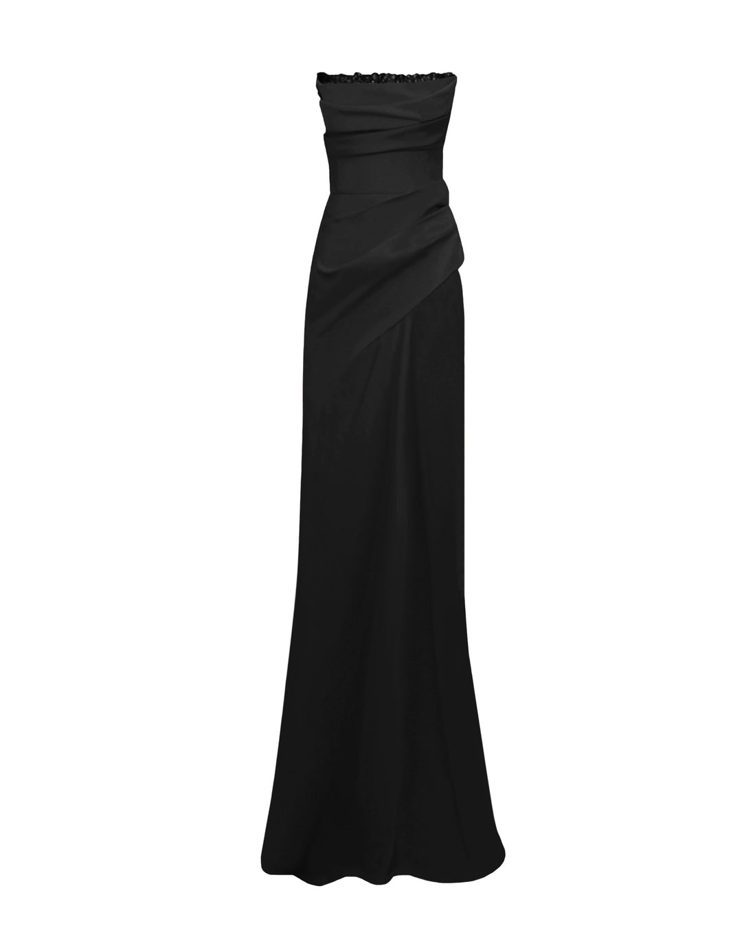 A strapless, straight cut long black evening dress, with beading details on the bust line, and some draping details from the bust going down the waist.