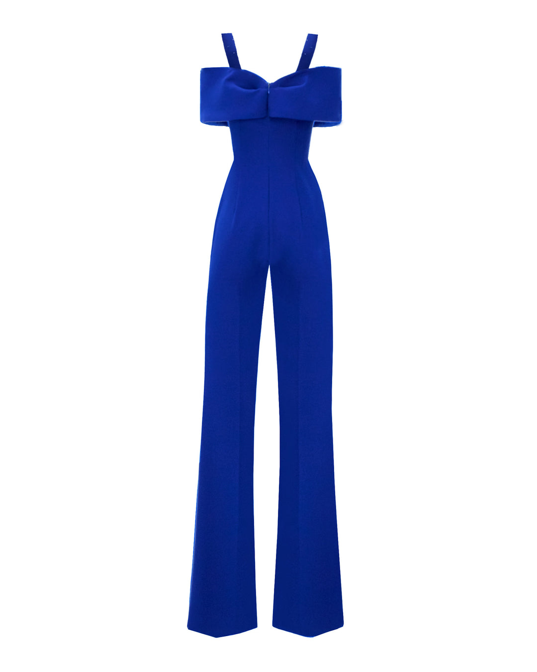 The back of a flared royal blue jumpsuit featuring an off-shoulders corset bow design and beaded straps.