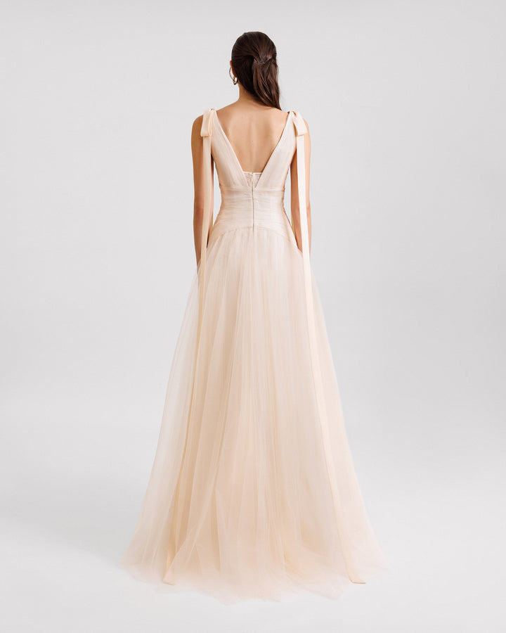 Bow-Shoulder Tulle Dress