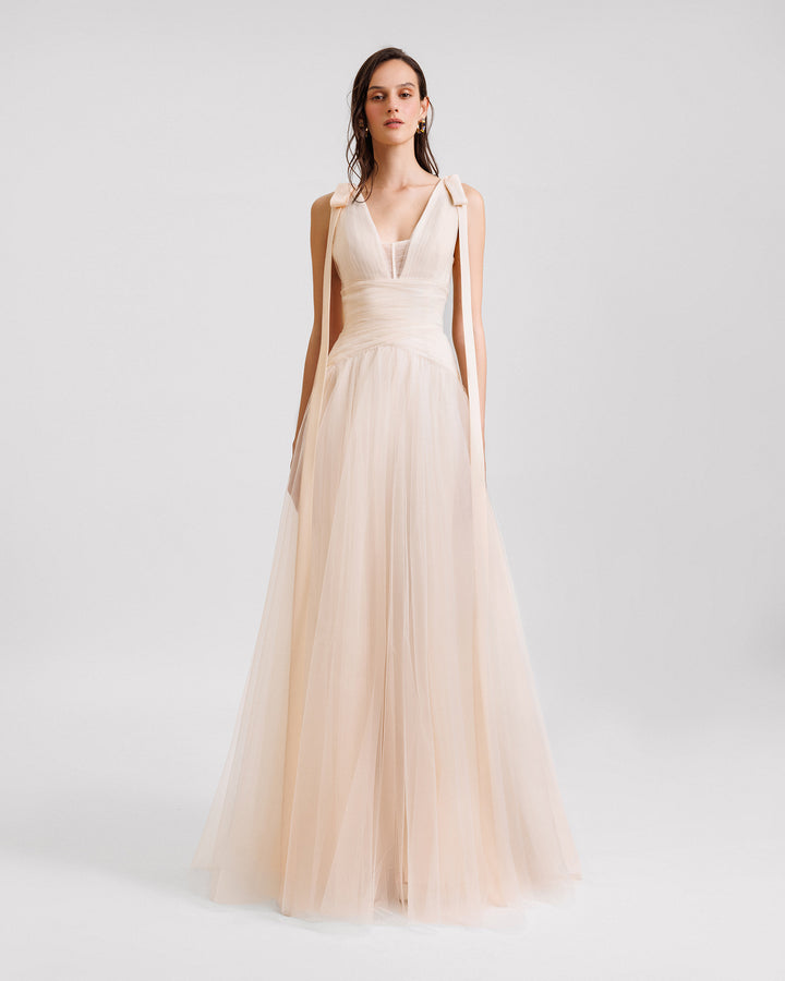 Bow-Shoulder Tulle Dress