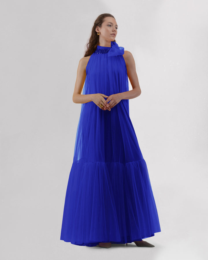 Blue Dress With Beaded Neckline