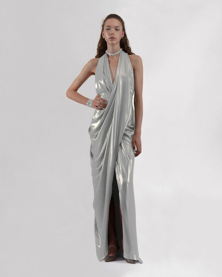 Long Silver Dress With Draped Details