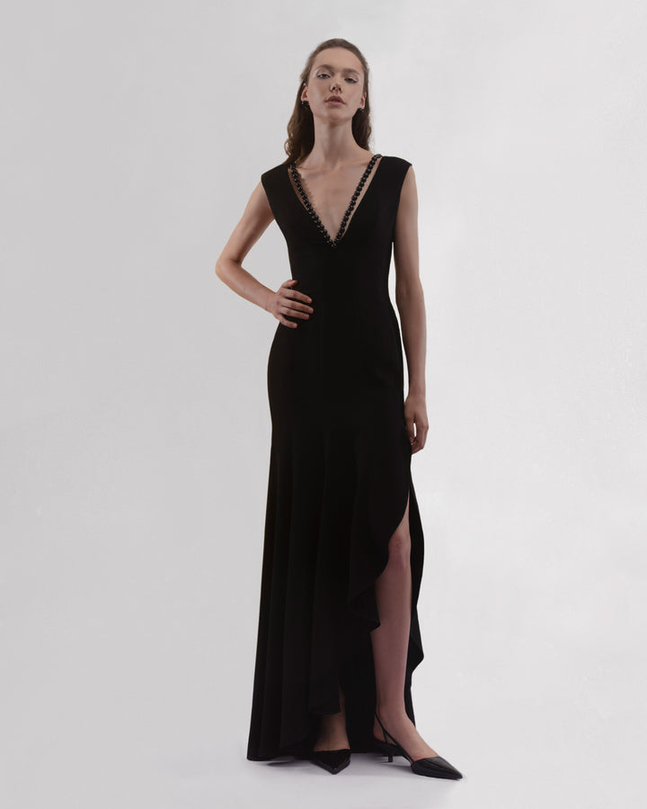 Long Dress With Ruffled Slit