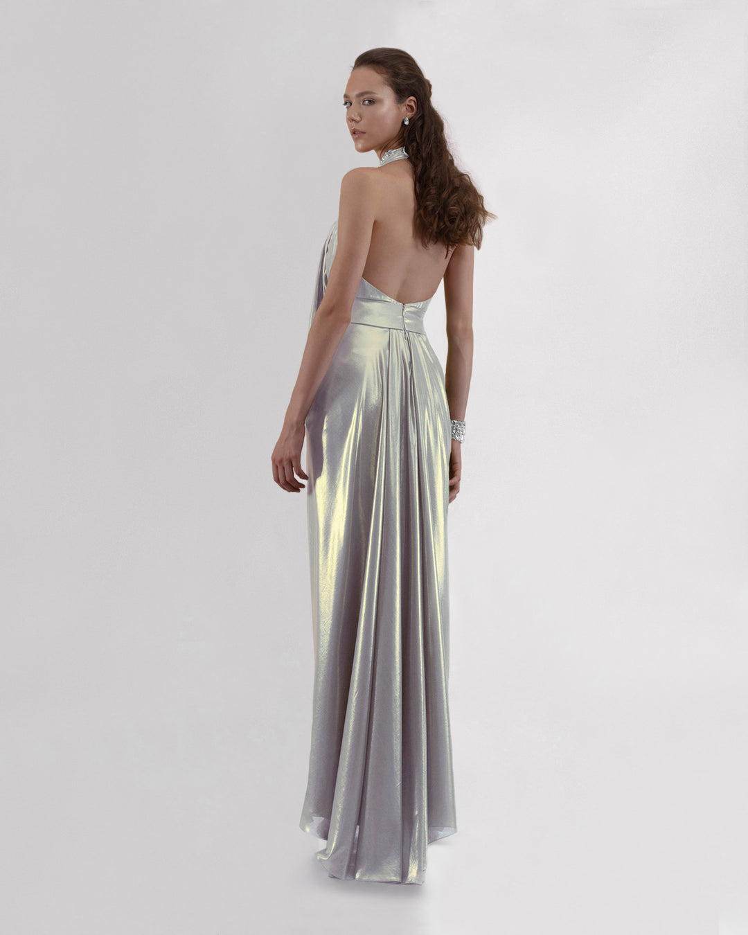 Long Silver Dress With Draped Details