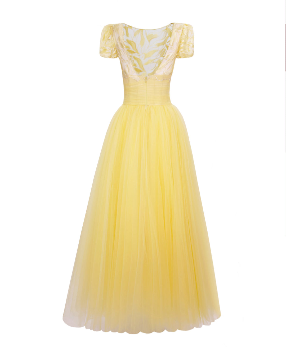 The back of a puffed sleeves intricated embroidery yellow midi dress with an open back and a wide cut tulle midi skirt.