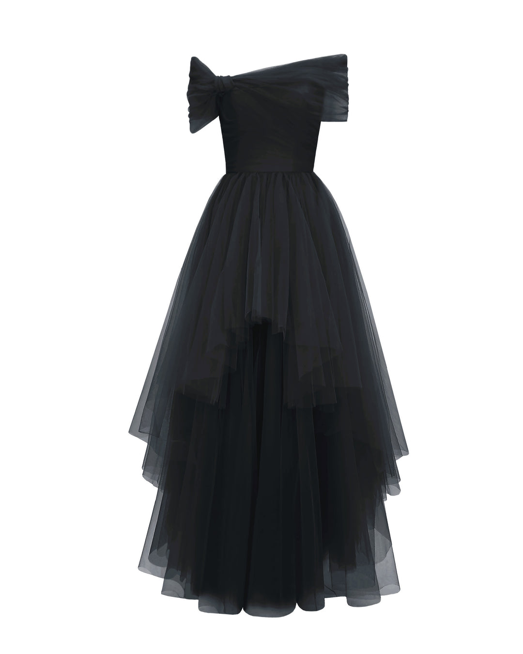 An off-shoulder bow-cut design black tulle dress with an asymmetrical lower part.