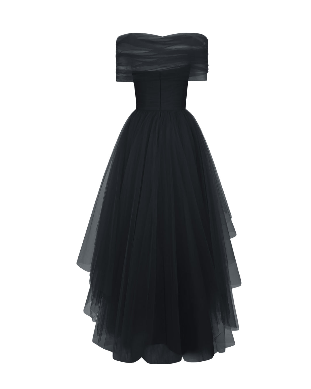 The back of an off-shoulder black tulle dress with an asymmetrical lower part.