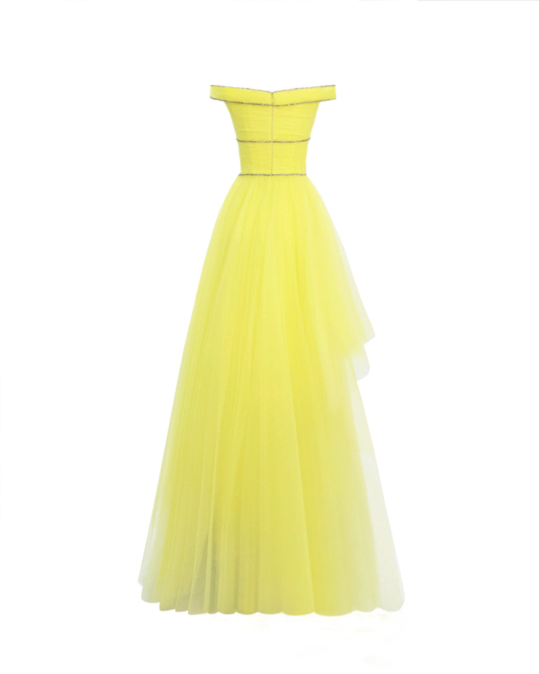 The back of an off-the-shoulders evening yellow dress with beaded trimmings on the corset and an asymmetrical layered tulle skirt.