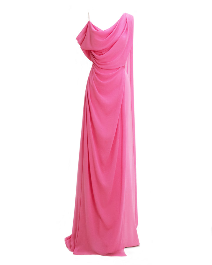 An asymmetrical neckline, one-shoulder draped pink evening dress with a dropped cape at the back.