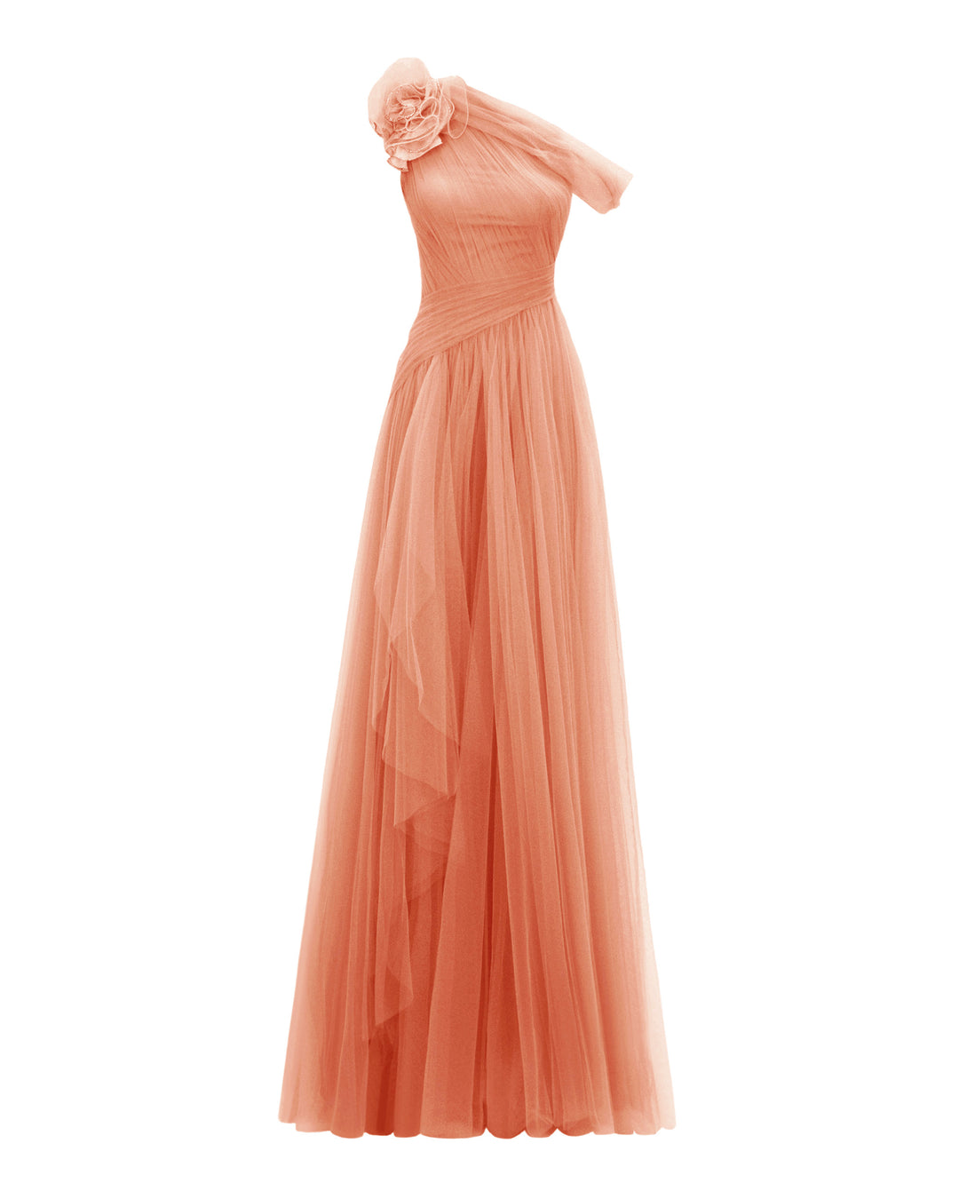 An asymmetrical neckline full tulle long evening dress in peach color, with a flower design on the shoulder, a ruffled side slit, and a draping design on the bodice.