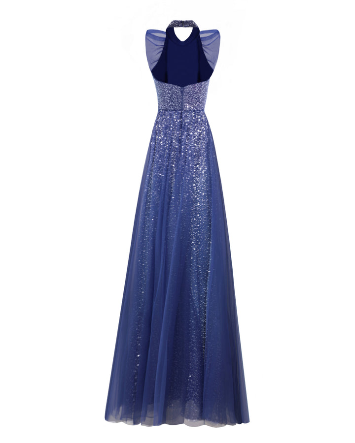 The back of an halter-neck blue evening dress with an open back and a beaded underlayer.