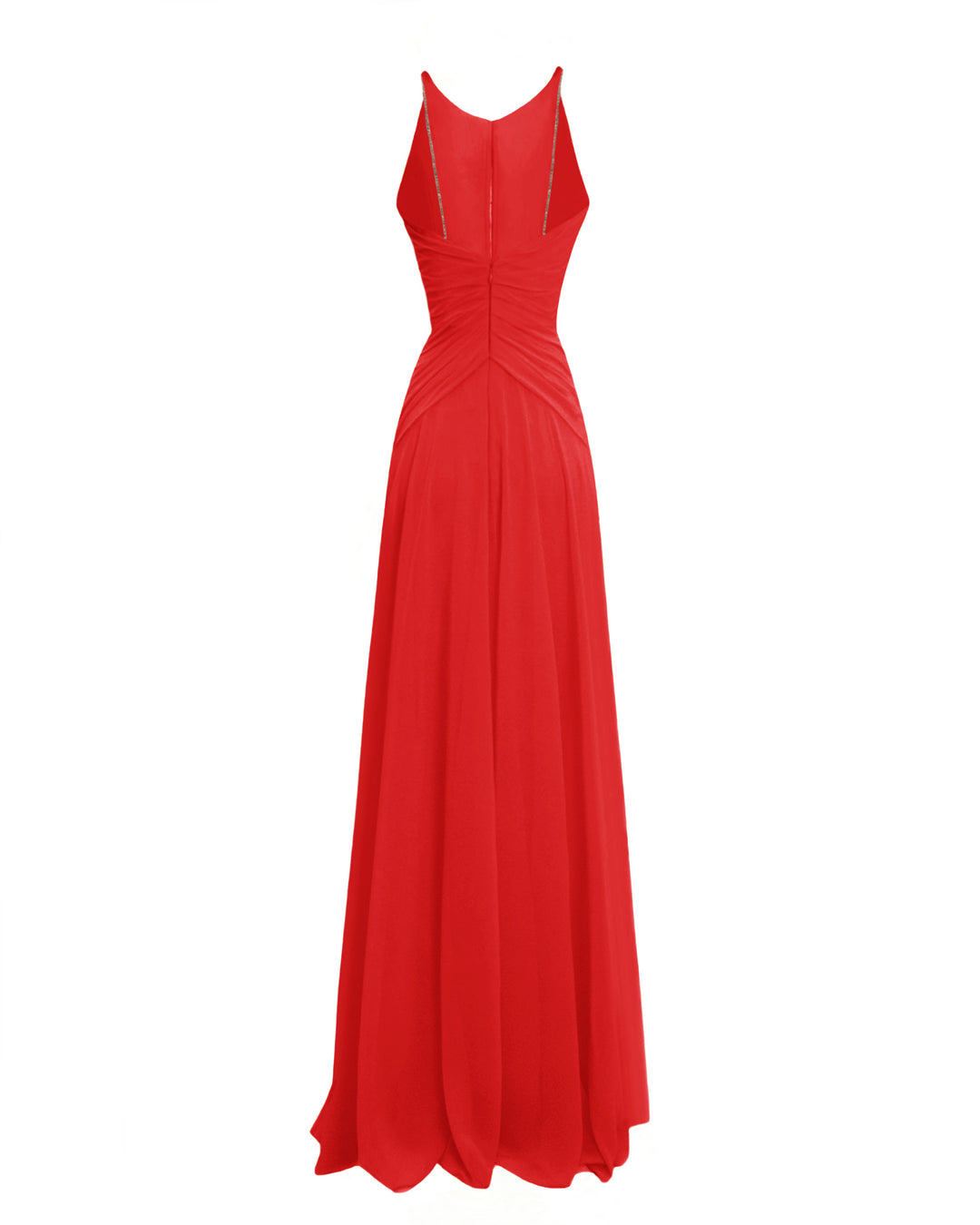 The back of a long red dress featuring draping on the waist and an open back.