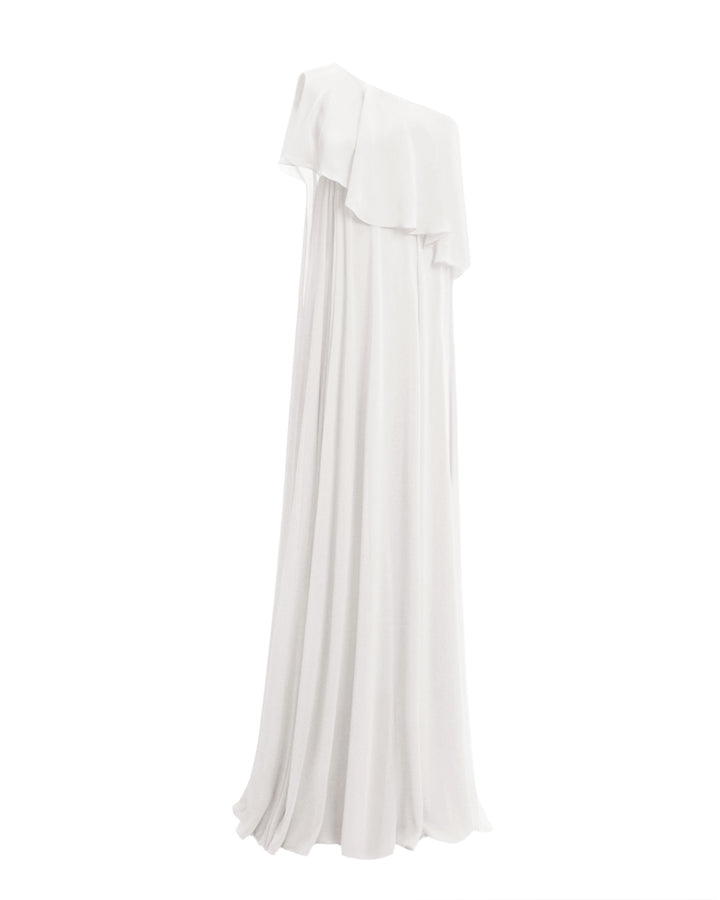 A one-shoulder ivory dress featuring a ruffled cape-like sleeve and a slit on the side.