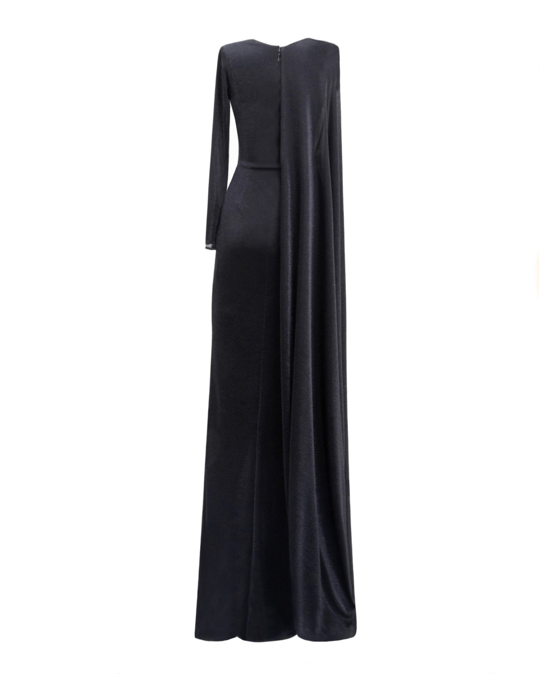 The back of an asymmetrical V-neckline black evening dress with a long sleeve from one side, and a cape-like sleeve on the other side.