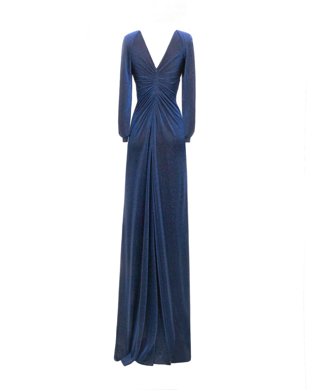 The back of a long sleeves evening dress in midnight blue with a gathered bodice and a V-shaped open back.