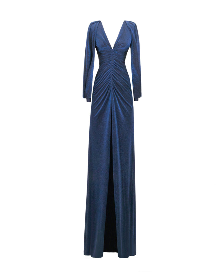 A V-neckline, long sleeves evening dress in midnight blue with a gathered front, and an open middle slit.