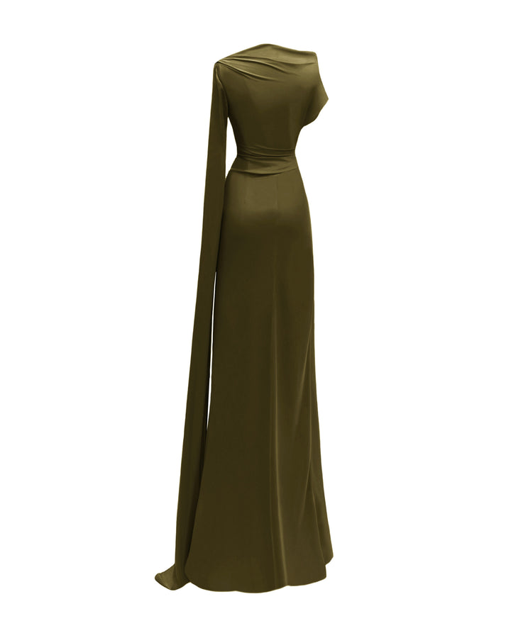 Asymmetrical Neckline Draped Olive Dress