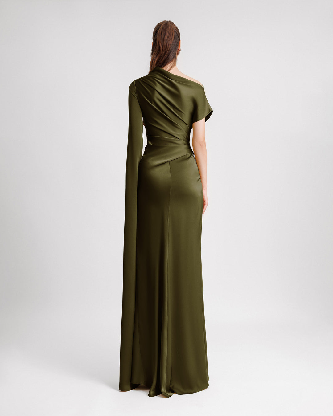 Asymmetrical Neckline Draped Olive Dress