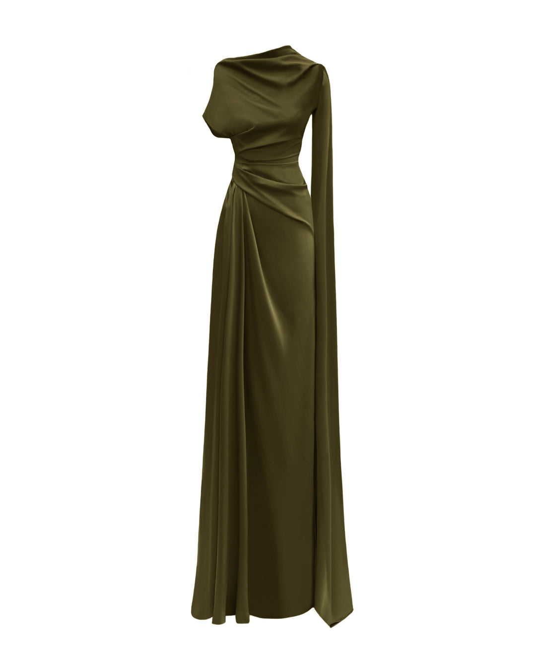 Asymmetrical Neckline Draped Olive Dress