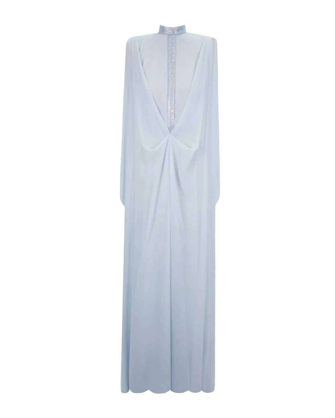 A long loose chiffon blue evening dress with draping and embellishment details.