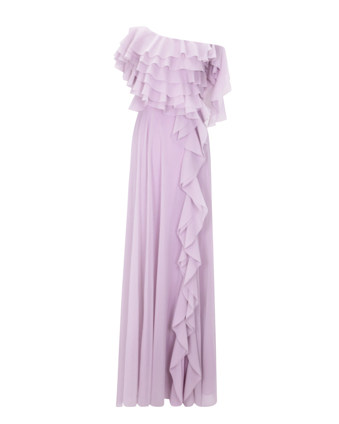 A one-shoulder chiffon evening dress with ruffled bodice details and an open slit on the side.