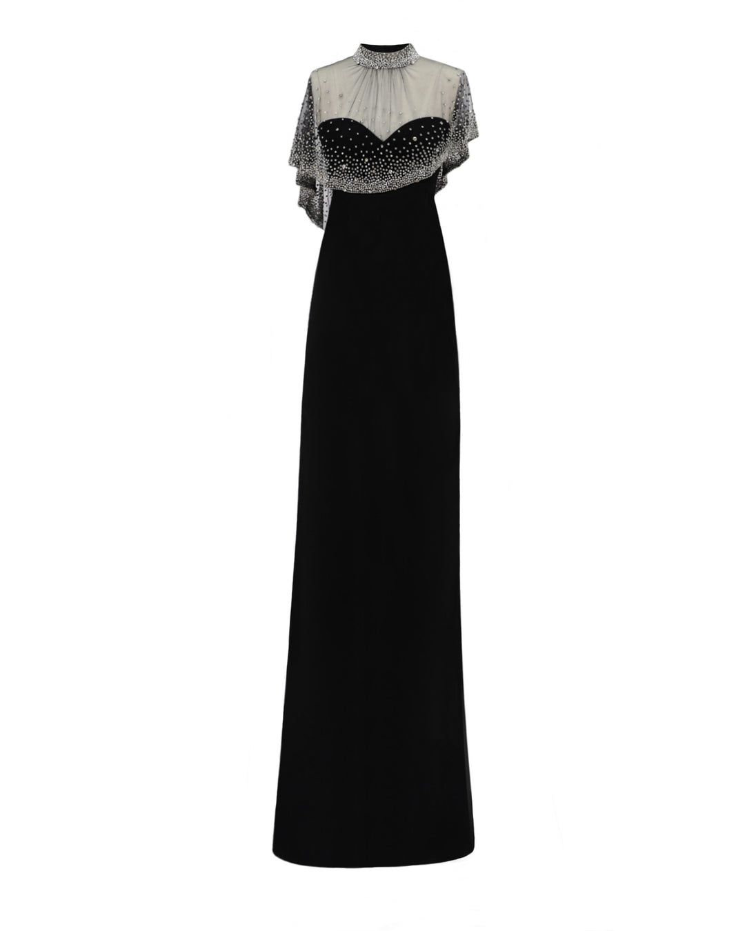 A strapless straight-cut black evening dress with an asymmetrical beaded tulle overlay.