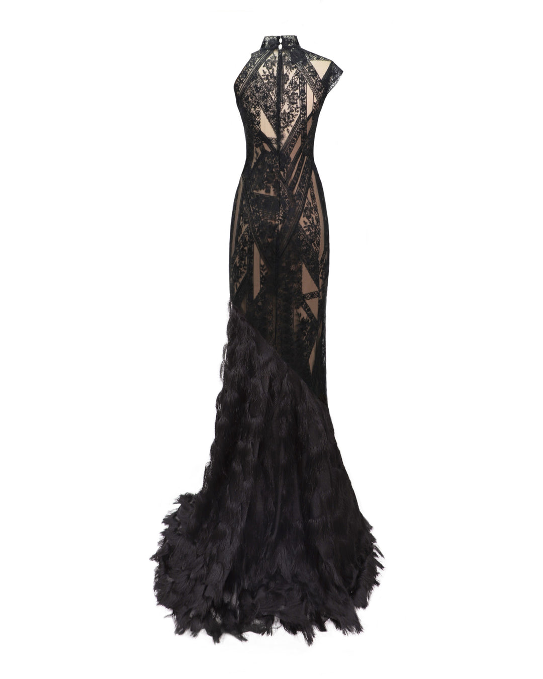 The back of an asymmetrical mermaid cut evening dress in black patterned lace fabric with a single-side fringed hemline.