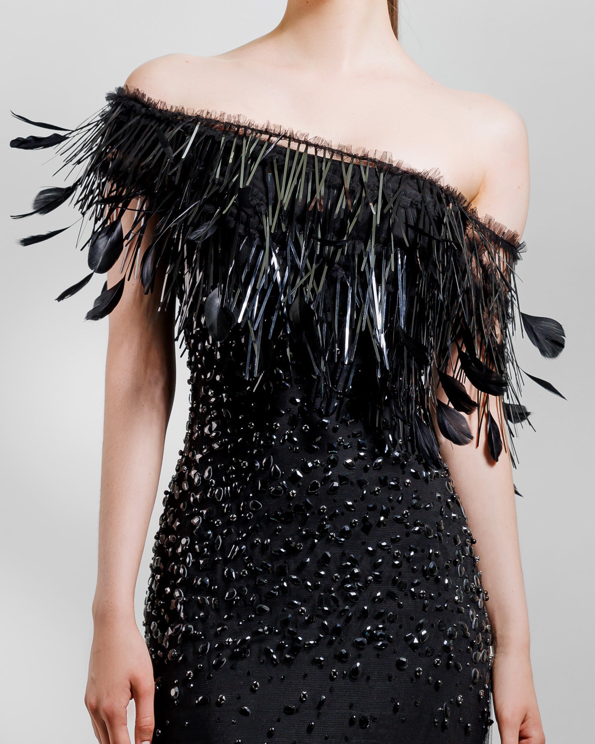 Gemy Maalouf Evening Dresses Fully Beaded Dress With Feathers