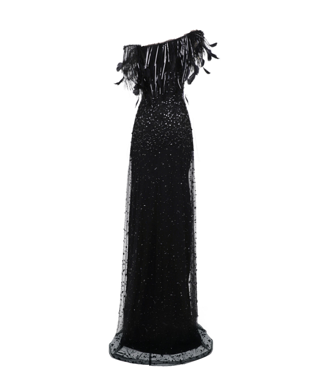 The back of an asymmetrical feather neckline fully beaded black evening dress.