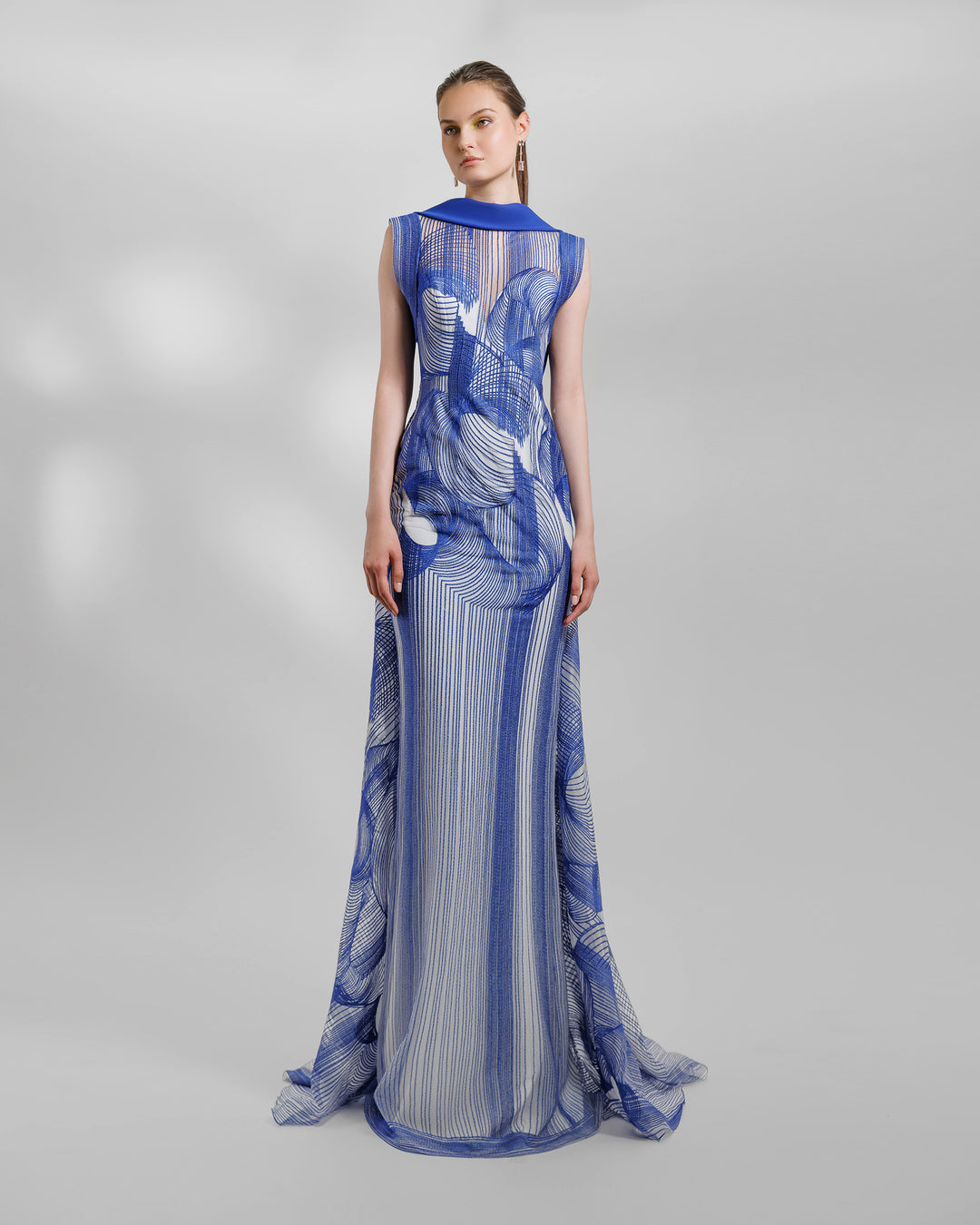 Royal blue Slim-Cut Embroidered Pattern Dress with a high neck.